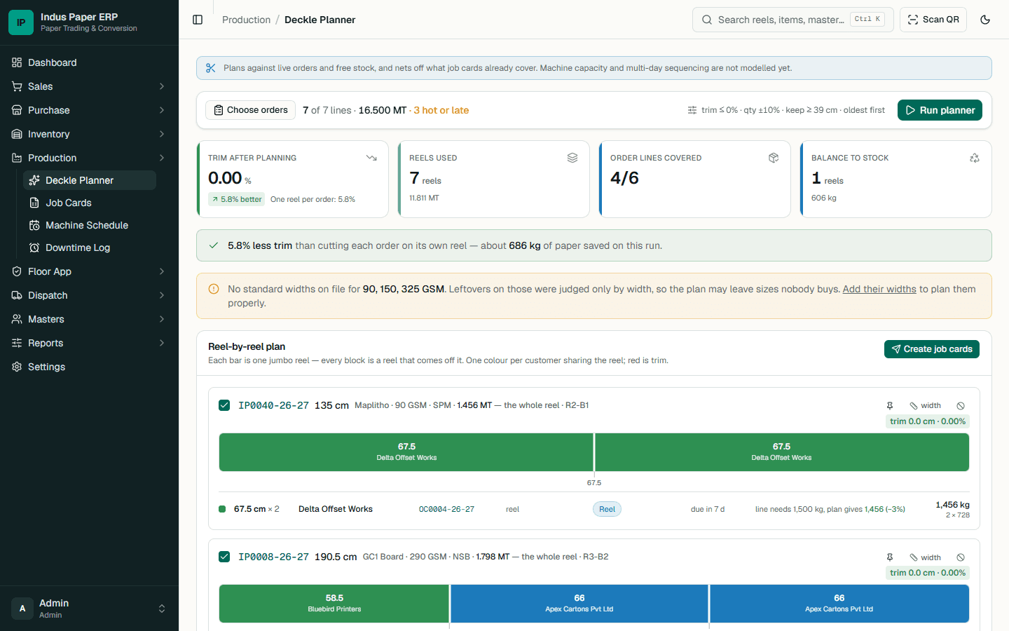 Deckle Planner screen of Indas Paper ERP