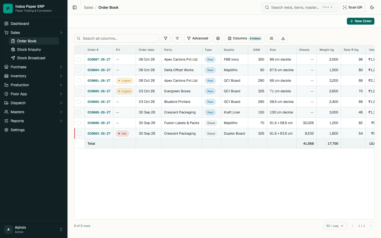 Order Book screen of Indas Paper ERP